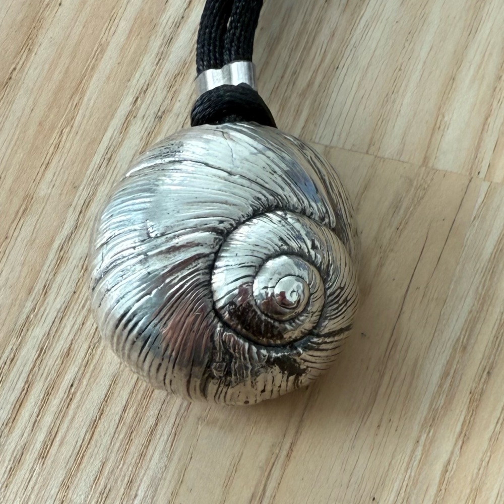 Vintage signed 925 sterling silver puffy shell pendant black cord necklace